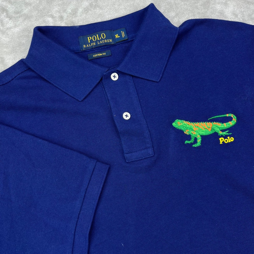 Polo Ralph Lauren Polo Shirt‎ Mens XL Blue Solid Custom Fit Iguana Embroidery